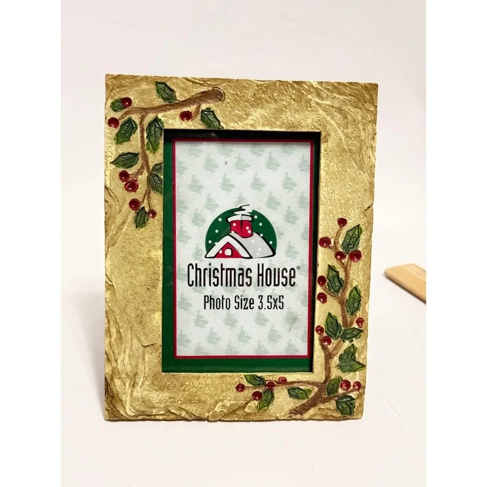 Christmas House Gold Holly Berry 3.5x5 Picture Frame Textured Resin Holiday Deco